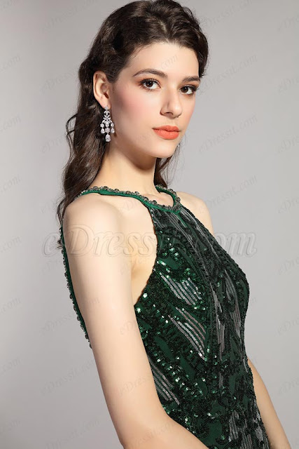 Green Halter Sequins Tulle Evening Dress