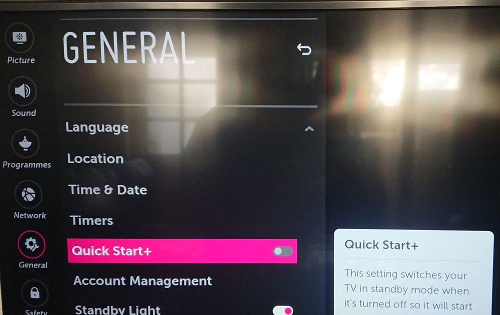 LG TV turn off Quick Start in settings
