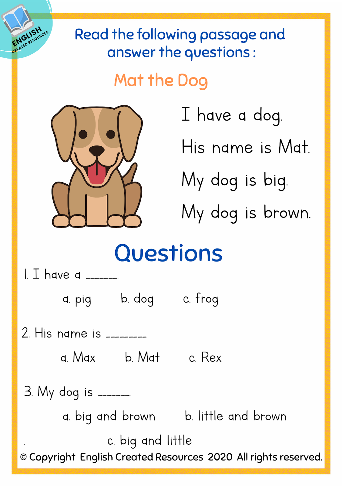 Kindergarten Reading Comprehension Part 1 – English Created Resources