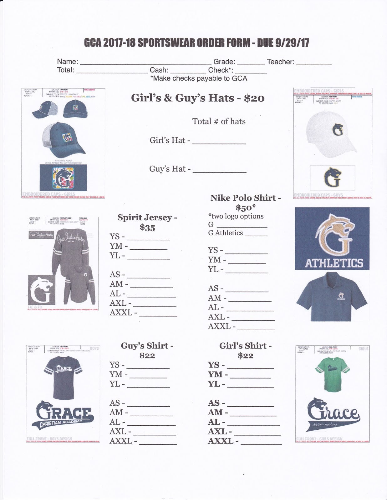 Grace Christian Academy GCA Spirit Orders Due Sept 29th