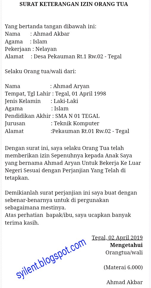 Contoh Surat Izin Orang Tua Untuk Kerja Di Luar Negeri