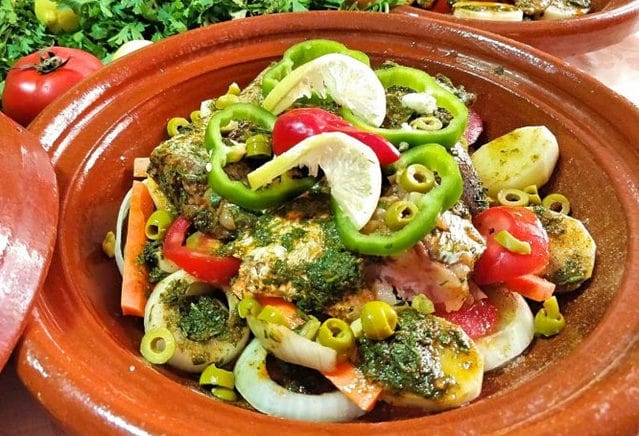 Saffron sea bass tagine with potatoes and peppers