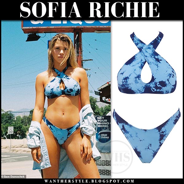 Sofia Richie in blue tie dye bikini from Frankies Bikinis Sofia Richie in blue tie dye bikini from Frankies Bikinis. Celebrity beach summer style 2019