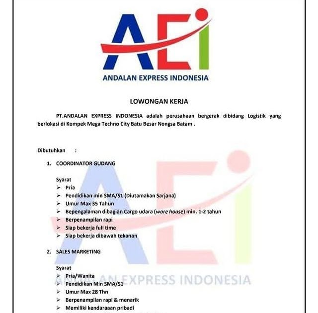 Lowongan Kerja Pt Andalan Express Indonesia November 2020 Bursa Kerja Batam