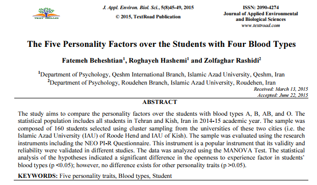 Abo Fan Blood Type And Personality Three Research Reports Of The Middle East And One Indian