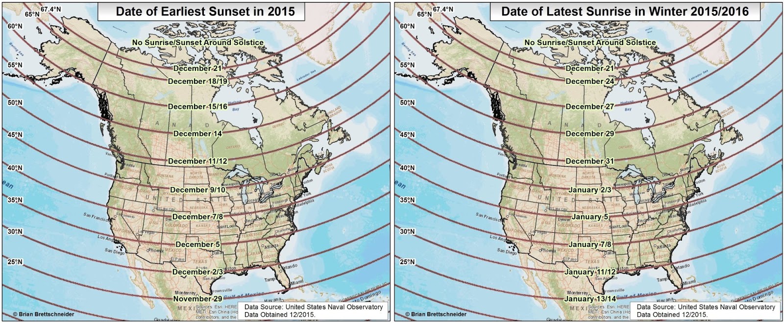 Dates for earliest sunset and latest sunrise in North America this