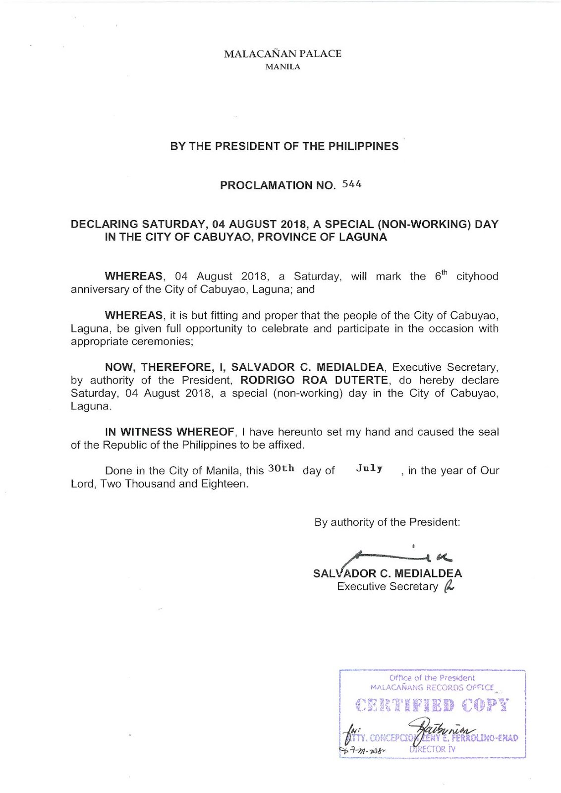 Philippine Holidays Special (NonWorking) Day in Cabuyao City, Laguna