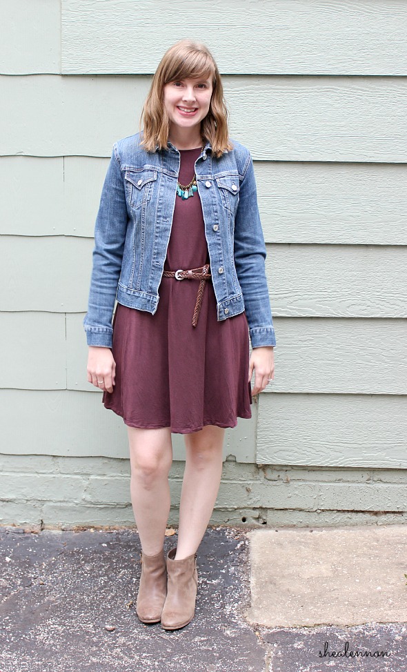 burgundy dress with jean jacket and ankle boots | www.shealennon.com