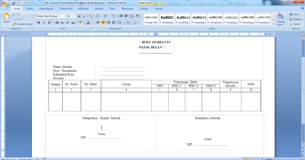 Contoh Format Buku Pembantu Pajak Bulanan Sekolah doc