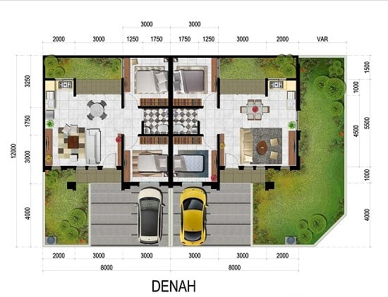 Denah rumah minimalis ukuran 8x12 meter 2 kamar tidur 1