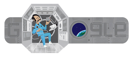 Doodle van de Nederlandse astronaut, natuurkundige en professor Dr. Wubbo Ockels zwevend in een ruimteschip.