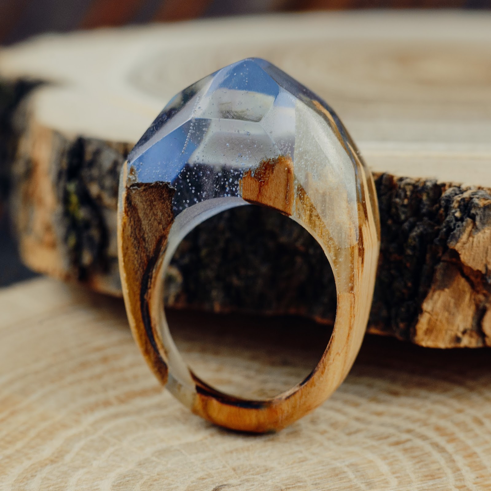 Wooden Resin Ring Wood Resin Ring For Women Blue Ring Handmade Eco