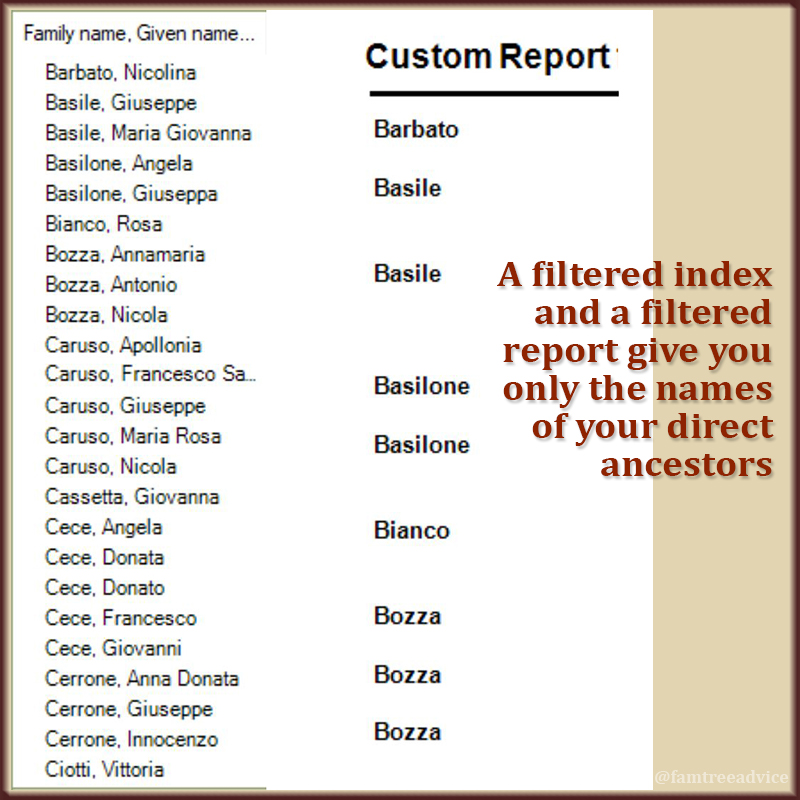 A filtered index and a filtered report give you only the names of your direct ancestors.
