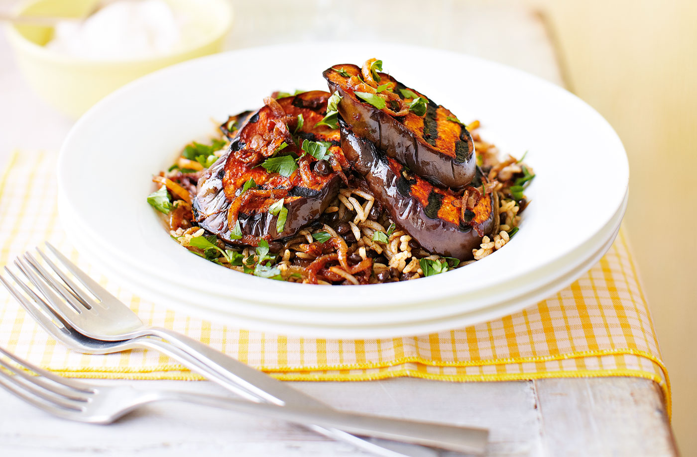 Middle Eastern rice and lentils with harissa aubergine recipe
