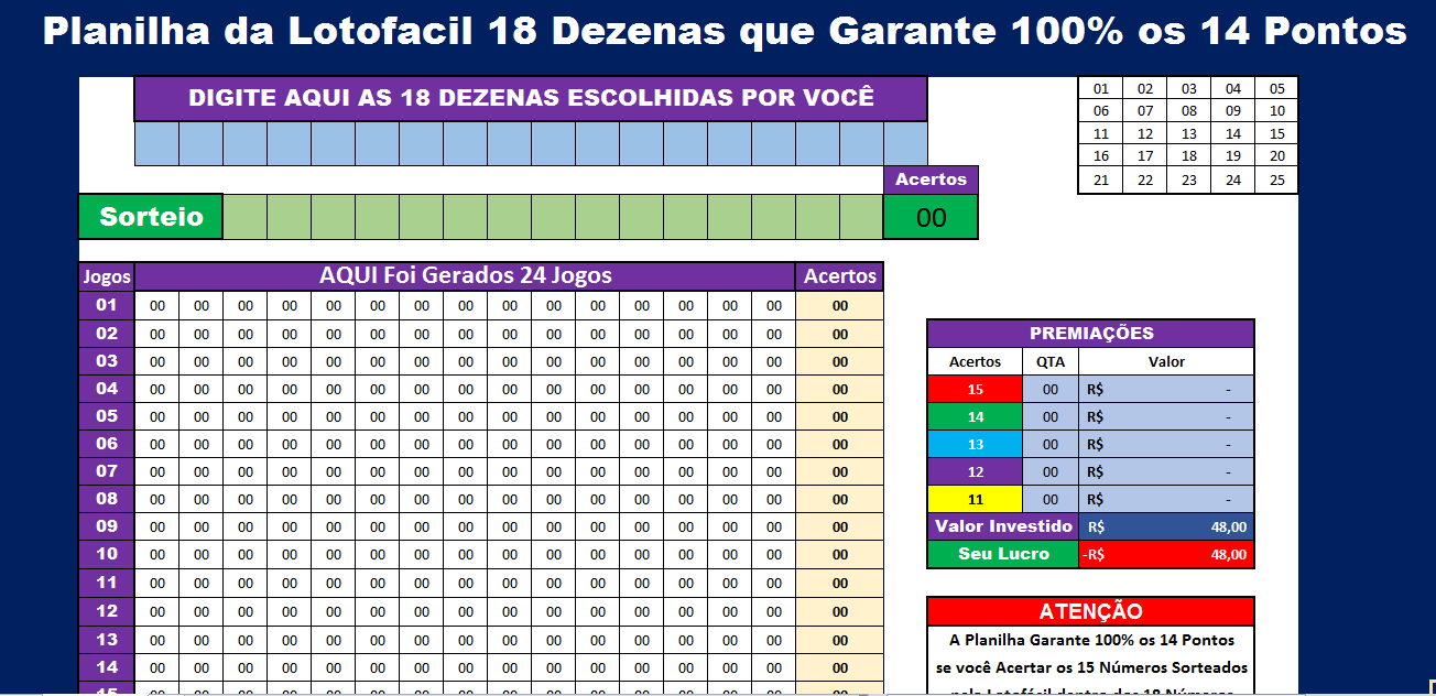 LOTOFÁCIL Planilha Lotofacil 18 Dezenas que Garante 100 14 Pontos em 24 Jogos LOTOFÁCIL Planilha Lotofacil 18 Dezenas que Garante 100 14 Pontos em 24 Jogos