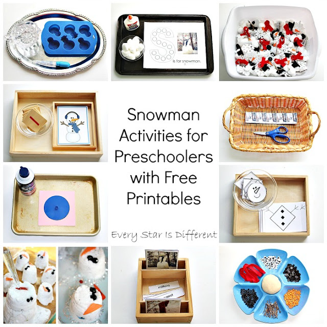 Snowman learning activities for preschoolers with free printables.