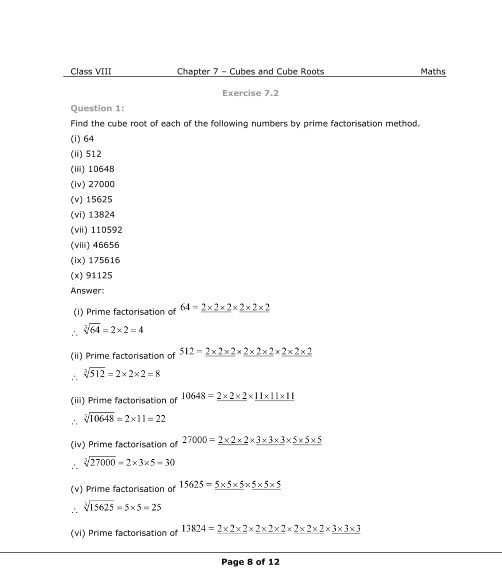 NCERT Solutions for Class 8 Maths Chapter 7 Cubes and Cube Roots