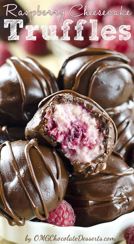 Raspberry Cheesecake Truffles are delicious, sweet and tart bites Raspberry Cheesecake Truffles are delicious, sweet and tart bites of creamy cheesecake filling hidden inside chocolate shell.of creamy cheesecake filling hidden inside chocolate shell.