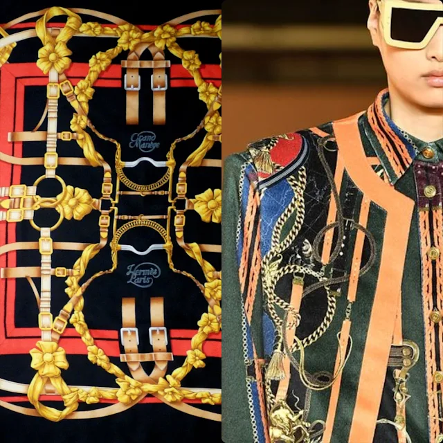 From left to right Hermes 1990 -Grand Manege- design by Henri d’Origny vs Balmain menswear Fall Winter 2020 -2021