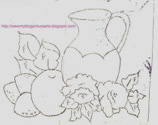desenho de jarra com rosas e frutas para pintar em tecido