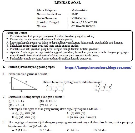 3 Paket Soal UKK PAT Matematika Kelas 8 Kurikulum 2013