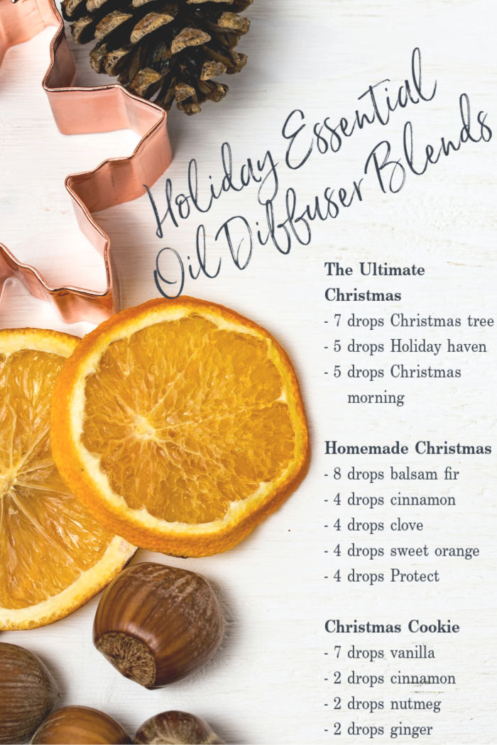 Orange slices and chestnuts with three different essential oil diffuser blend recipes listed in font over the image