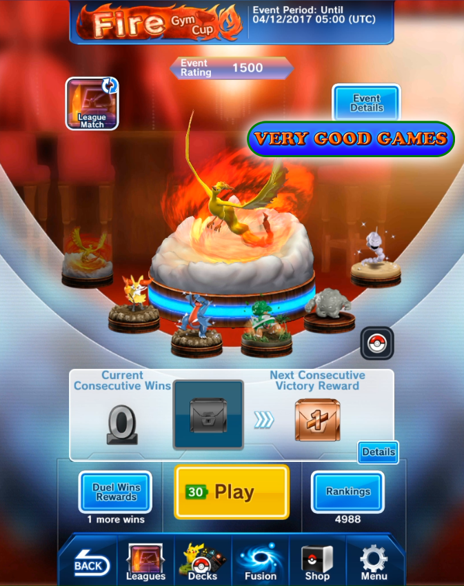 Start screen of the Fire Gym Cup in Pokemon Duel