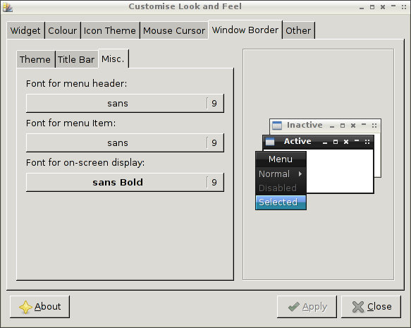 Een screenshot van lxappearance met de obconf addon op het 'Window Border' tab.