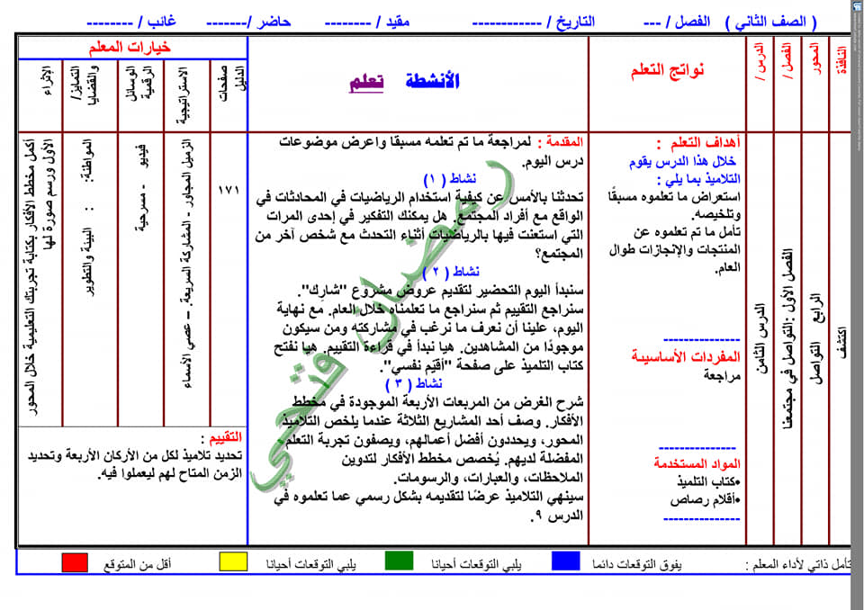 النماذج الاسترشادية للفصل الأول من المحور الرابع اكتشف الصف الثاني الابتدائي 8