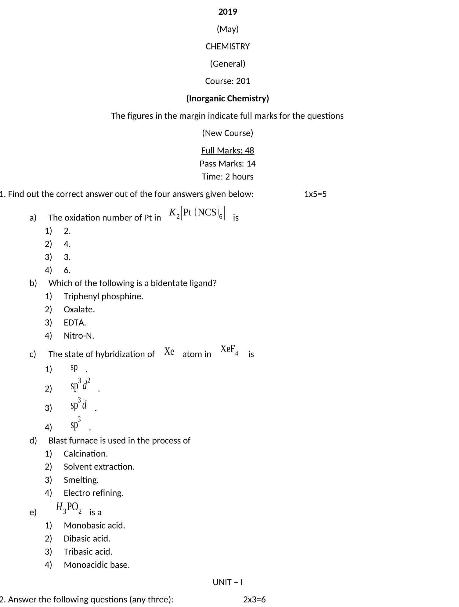 Dibrugarh University Question Paper Chemistry Science May 2019 