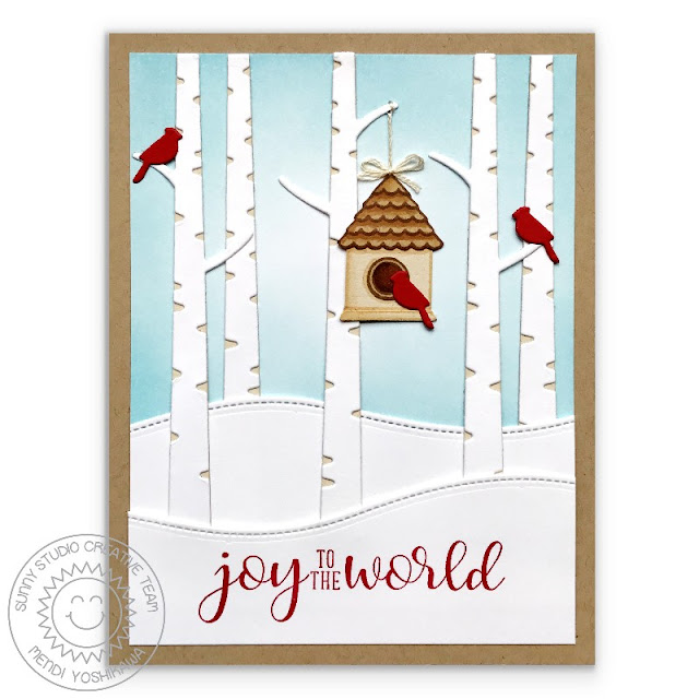 Sunny Studio Stamps: Rustic Winter Birch Tree & Cardinal "Joy To The World" Christmas Card by Mendi Yoshikawa