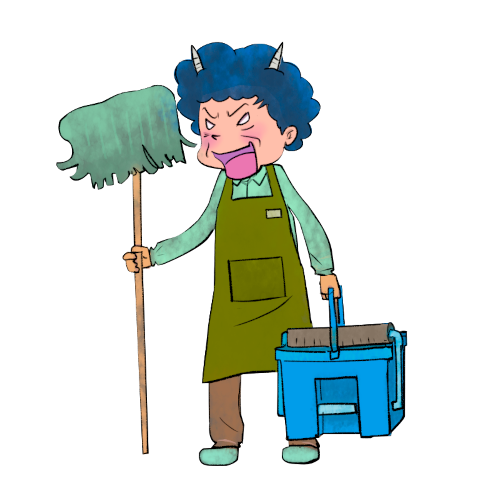 清掃中のおばさんがゴミに怒ってるイラスト セツナワールド