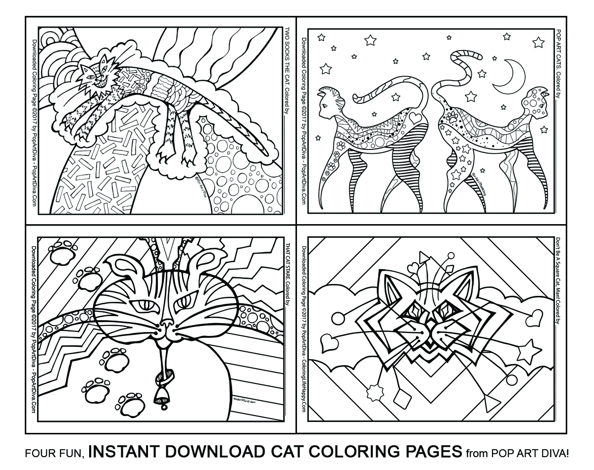 POP ART DIVA LAND: FOUR PAGES OF FUN CAT COLORING PAGES for Adults & Kids!