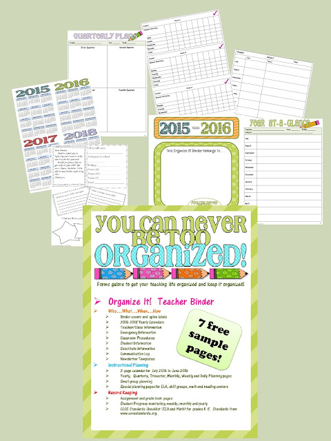  Get your teaching life organized with this free sample from Crockett's Classroom.  It will help you plan, organize student data, student/parent information and track grades, behavior, skills and so much more.