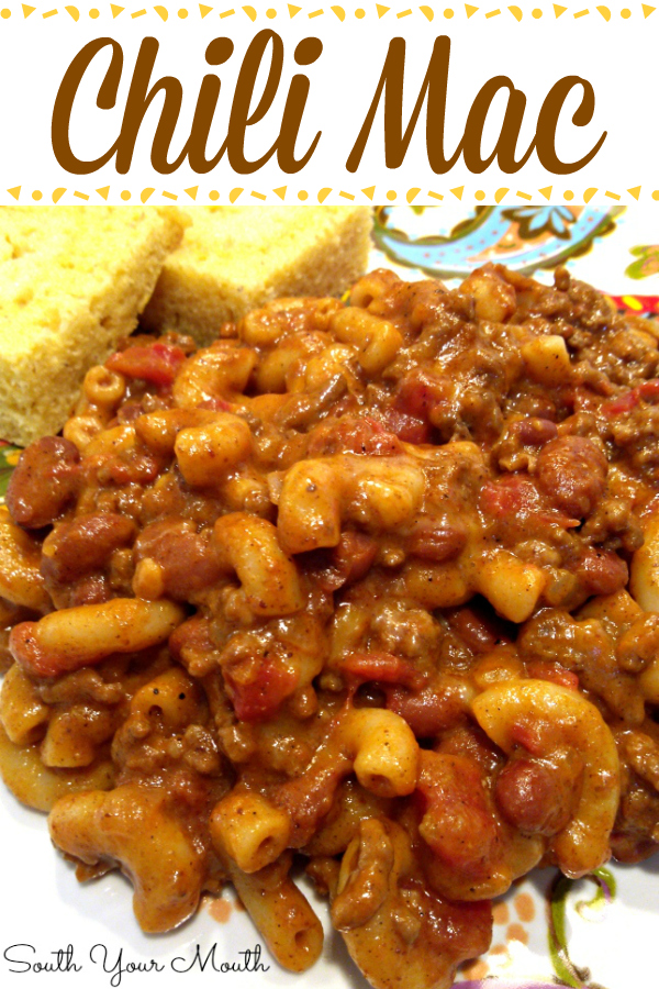 Creamy, cheesy, easy Chili Mac recipe with ground beef, chili beans and seasoning, macaroni pasta and gobs of cheese.