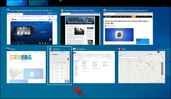 تحديد نافذة التطبيق في طريقة عرض مهام Windows 10 باستخدام مفاتيح المؤشر.