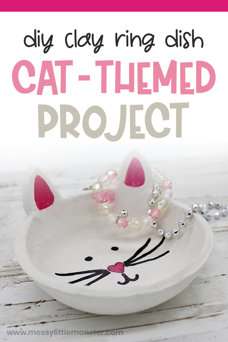 Cat craft for kids - air dry clay project. Easy DIY ring dish art project.