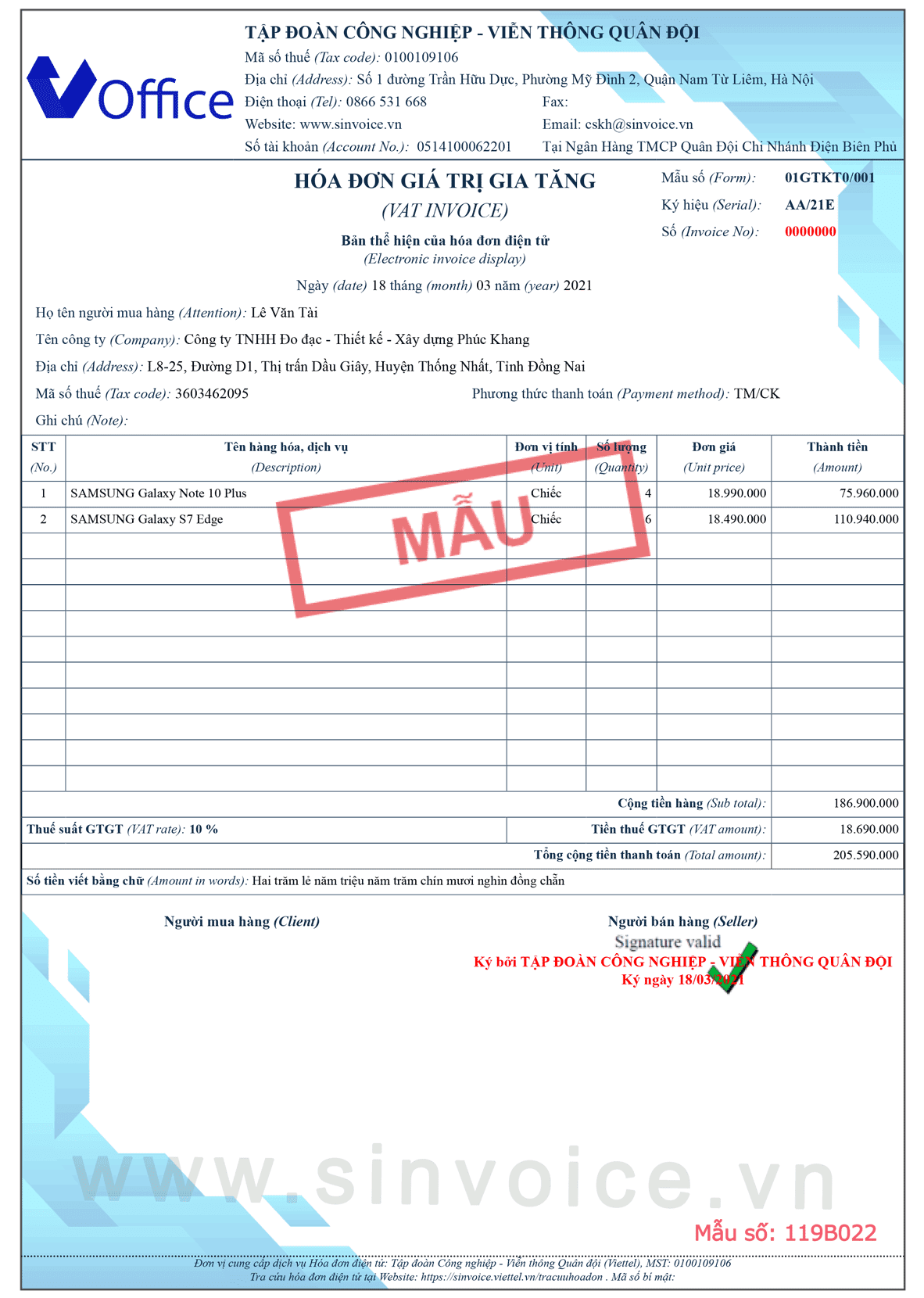 Mẫu hóa đơn điện tử số 119B022