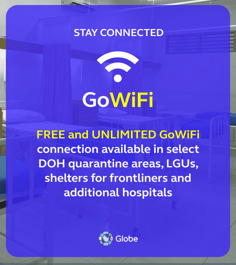 To continue supporting the frontliners by keeping them connected, Globe has extended its FREE unlimited WiFi service to more LGUs and hospitals nationwide. To continue supporting the frontliners by keeping them connected, Globe has extended its FREE unlimited WiFi service to more LGUs and hospitals nationwide.