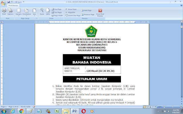 Soal Ujian Madrasah Mapel Bahasa Indonesia Kelas 6 MI