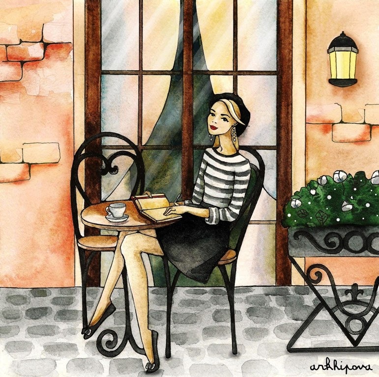человек сидит за столиком в кафе. картина кофе. кофейные иллюстрации. вечернее чаепитие картины. салонная живопись.