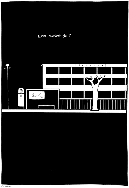 A black and white illustration of a bus stop at night on a quiet and empty street, next to a bare tree and in front of an industrial building that has “Betrieb” on the front and all lights in the windows off. A small light on top of the building is shining, as is a street lamp to the left of the bus stop. Above the scene, there is white text on the black background that says “what are you looking for?" in German.
