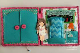 Quiet book for Olivia. Handmade busy cloth book for a girl, felt doll, dressing, bed