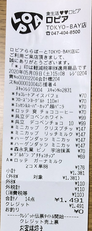ロピア ららぽーとTOKYO-BAY店 2020/5/9 のレシート