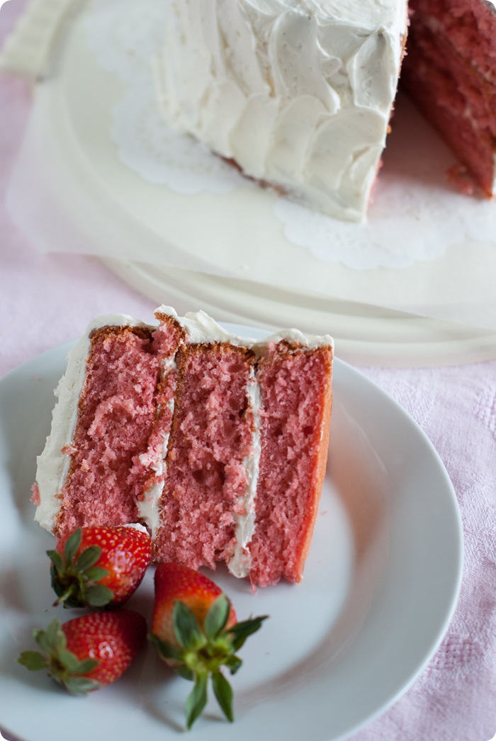 strawberry layer cake with amaretto buttercream