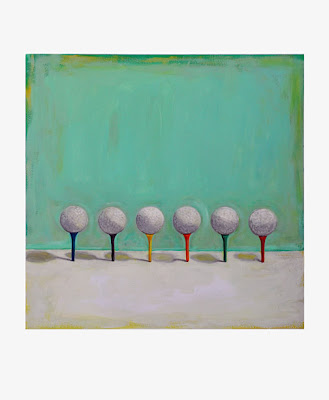 painting of six golf balls on colored tees