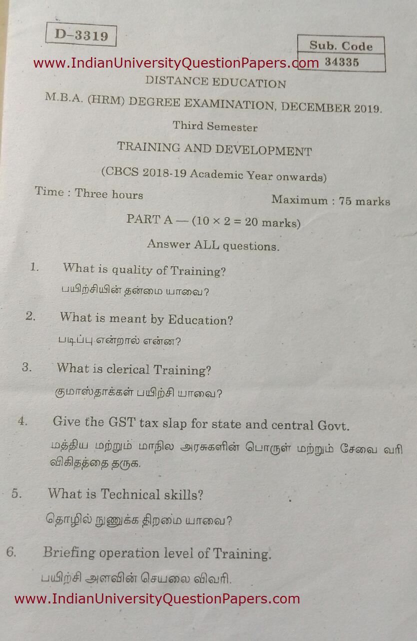 Alagappa University MBA (HRM) Training and Development December 2019