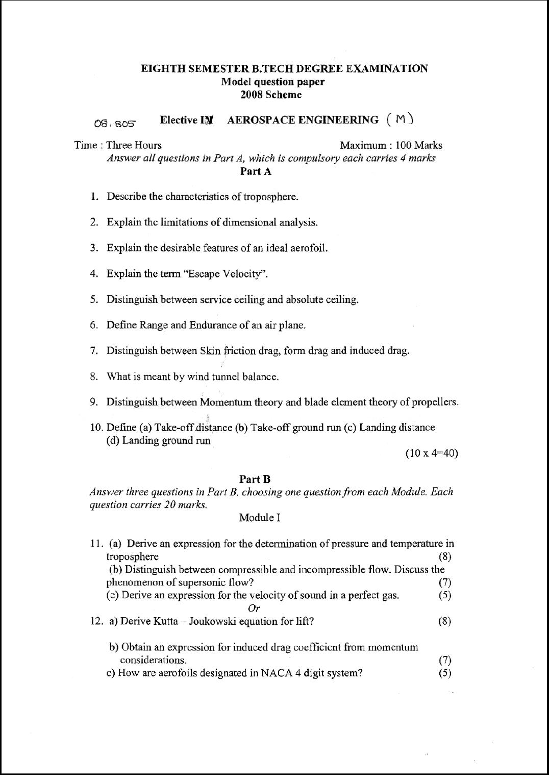 Kerala University B.Tech Aerospace Engineering (M) 2017 Question Paper