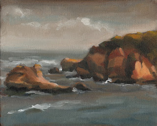 Landscape oil painting of seaside sandstone cliffs.