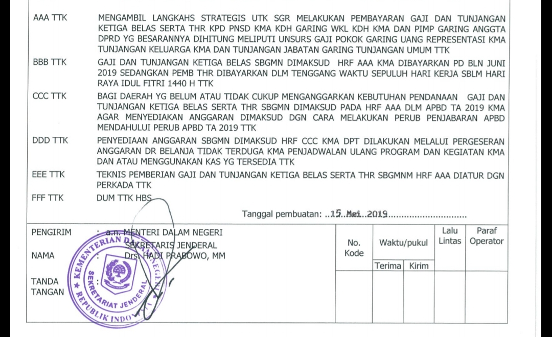 ISI RADIOGRAM KEMENDAGRI TERKAIT PEMBAYARAN THR PNS 2019 DAN GAJI KE 13